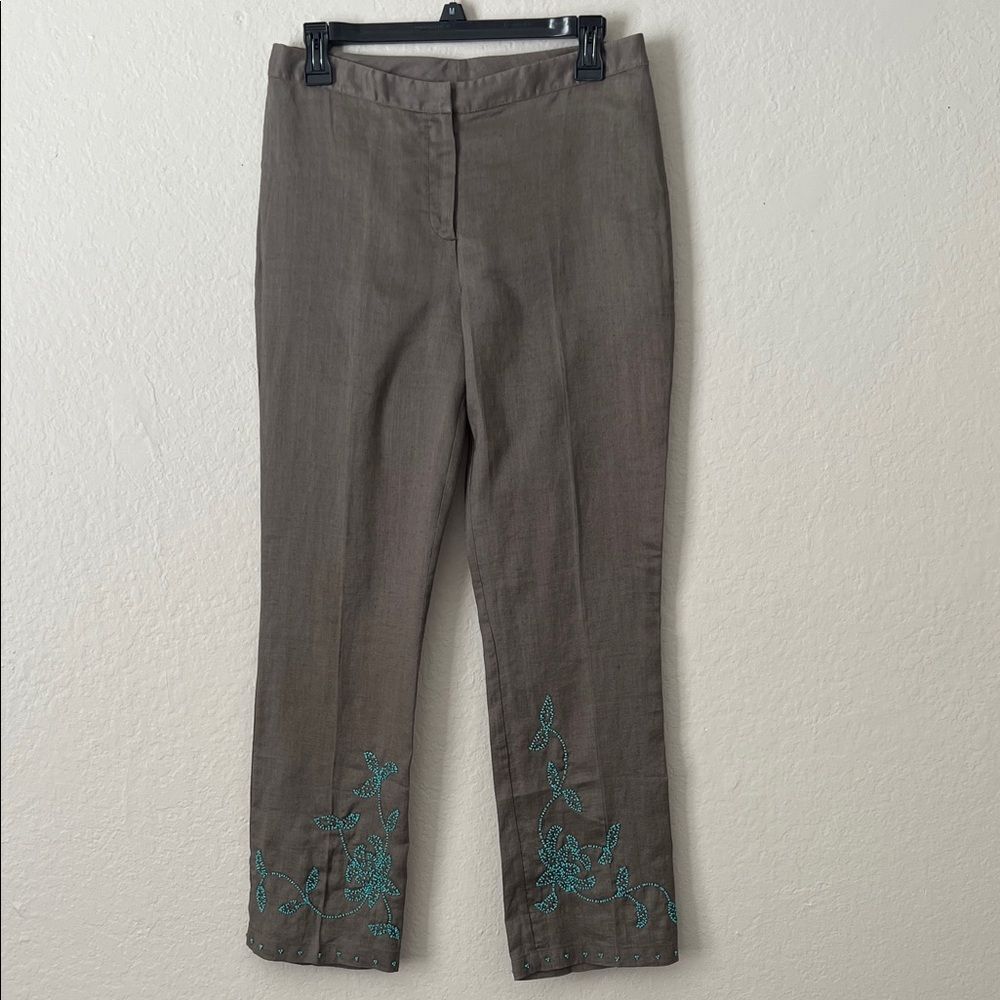 NWOT French Connection 100% Ramie Brown Beaded Embellished Trousers in Size 6